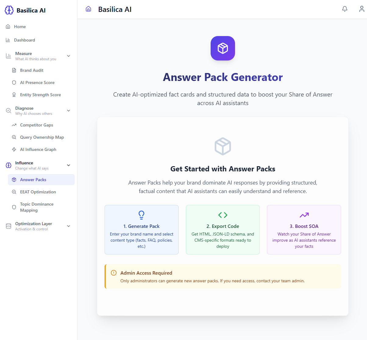 Answer Pack Generator screenshot showing workflow for generating and exporting structured outputs